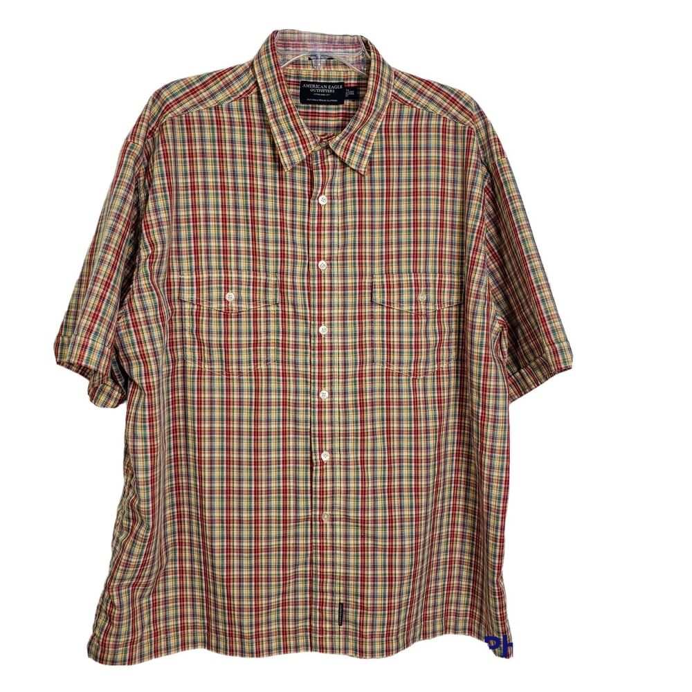 American Eagle Mens Shirt Size XXL Axle Button Up Multicolor Plaid Pockets